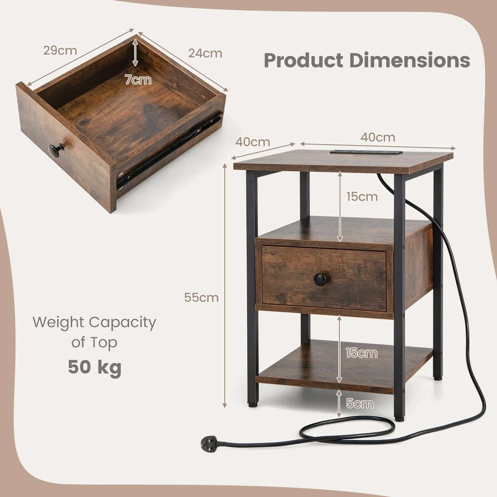 3-Tier Nightstand with Charging Station - Image 4