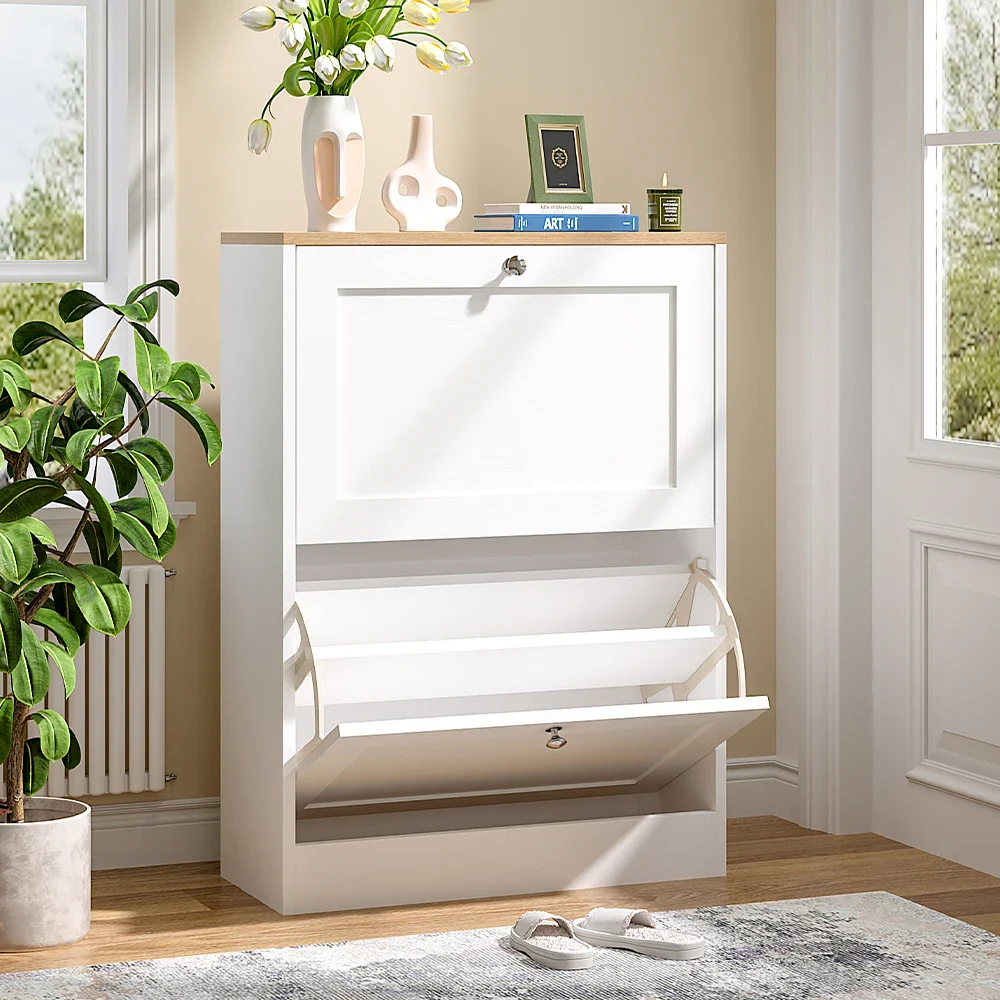 Wooden 2-Drawer Flip Down Shoe Cabinet - Image 6